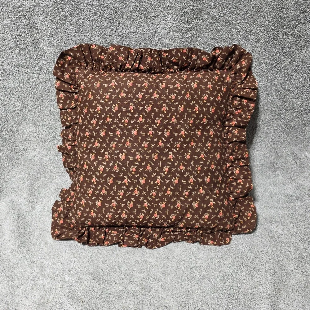 Vintage Hand Quilted Pillow Brown Pink Floral Cottagecore Granny Farmhouse